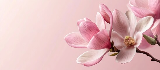 Obraz premium Pink Magnolia Flower or Magnolia Liliiflora on a branch Attractive flowering tree. with copy space image. Place for adding text or design