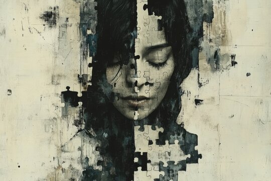 Brain development Sequential Artistic monochrome portrait of a woman with a fragmented face symbolizing the deconstruction of identity and the reconstruction of self