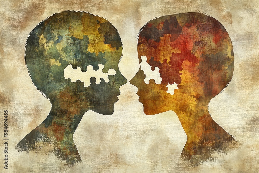Poster learning mechanism sequential abstract collage of two faces with puzzle piece brains symbolizing the
