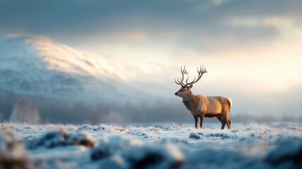Obraz premium Serene deer standing amidst a snowy landscape, with the Northern Lights creating a mesmerizing, colorful display that highlights its elegant antlers.