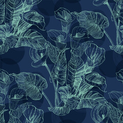 Calla Lily Elegant seamless pattern hand drawn. A contemporary collage with simple shapes. Modern exotic design for paper, cover, fabric, wallpaper, interior. Vector graphics.
