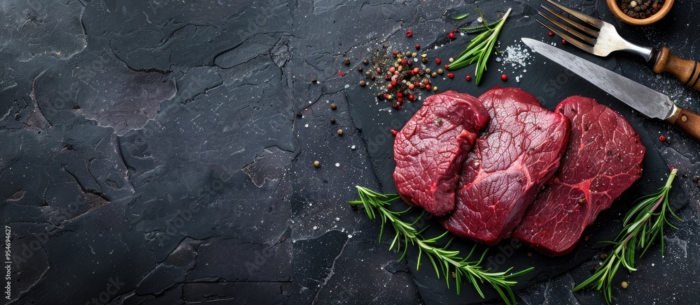 Poster Topside sirloin beef cut raw meat seasoned with spices Black background Top view. with copy space image. Place for adding text or design