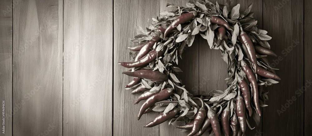 Aufkleber peppers on a christmas wreath wooden background in black and white sepia tone. with copy space image