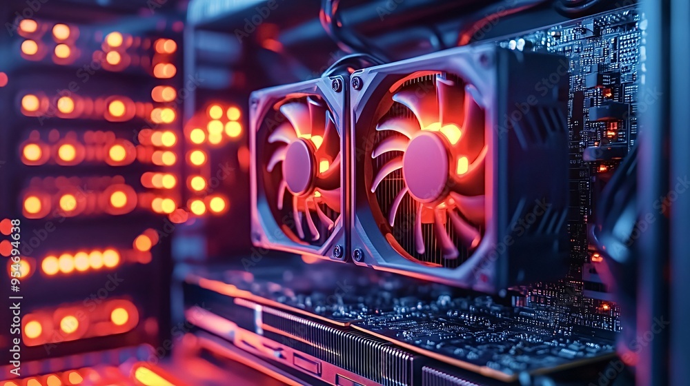 Poster close-up of a modern gpu card with two fans, lit by vibrant red leds while mining cryptocurrency and