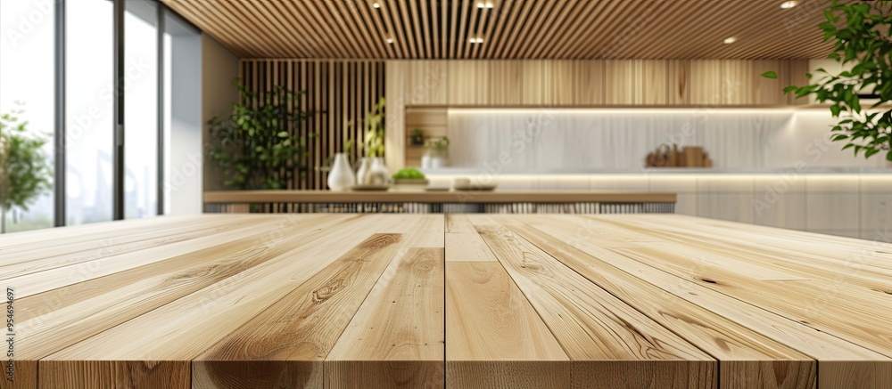 Poster Empty wooden table set against a blurred modern room interior banner background Suitable for displaying or showcasing your products. with copy space image. Place for adding text or design