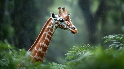 Obraz premium Giraffe walking through a rain-soaked jungle, with raindrops dripping off its neck and blending into the lush foliage.