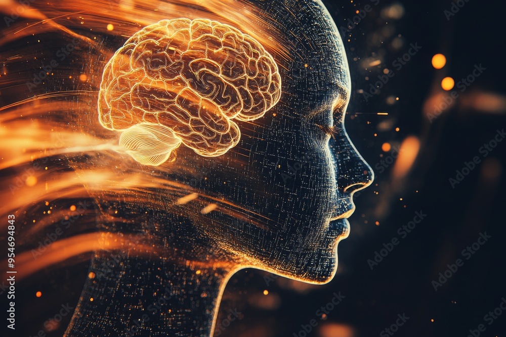 Aufkleber psychopathology sequential futuristic profile of a woman with a glowing brain symbolizing the integr