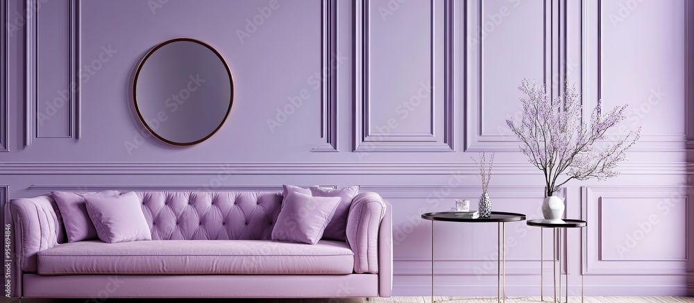 Poster interior of a contemporary room featuring mirrors and a lilac sofa design banner. with copy space im