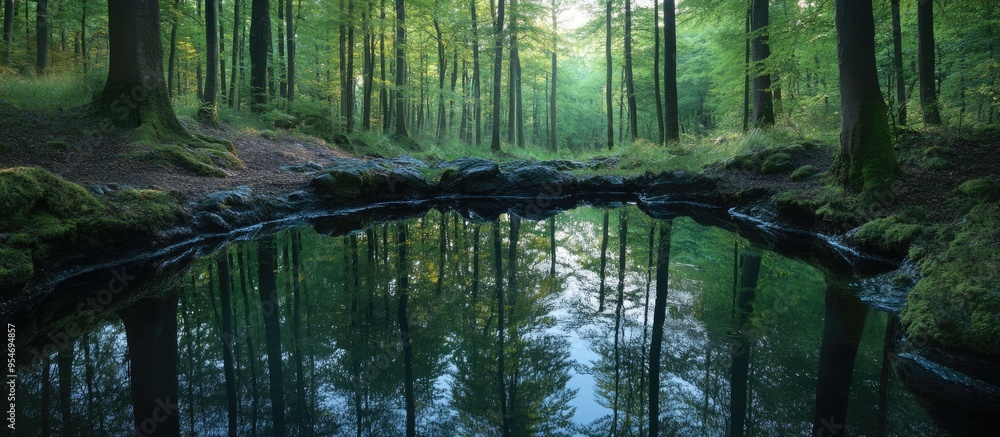 Poster Long exposure of a tranquil water pool in the forest. with copy space image. Place for adding text or design