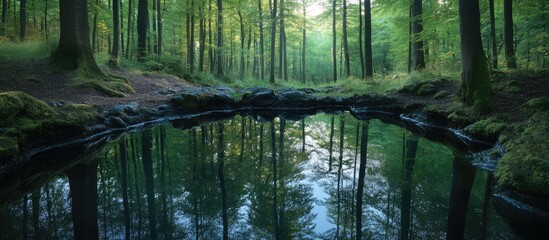 Long exposure of a tranquil water pool in the forest. with copy space image. Place for adding text or design