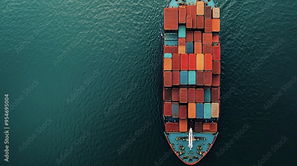 Poster large container ship is sailing in the open sea, transporting goods around the world, a vital part o