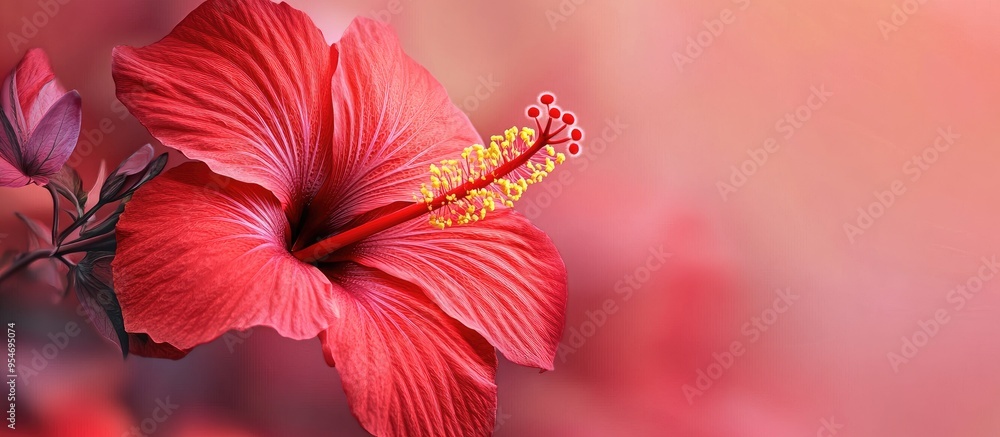 Poster Close up image of a red hibiscus bloom. with copy space image. Place for adding text or design