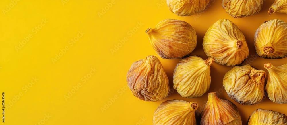 Leinwandbilder Dried figs on a colored background viewed from above with space for text Nutritious fruit. with copy space image. Place for adding text or design
