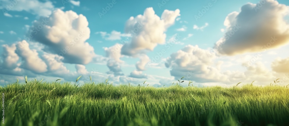 Aufkleber Green field beneath a blue cloudy sky. with copy space image. Place for adding text or design
