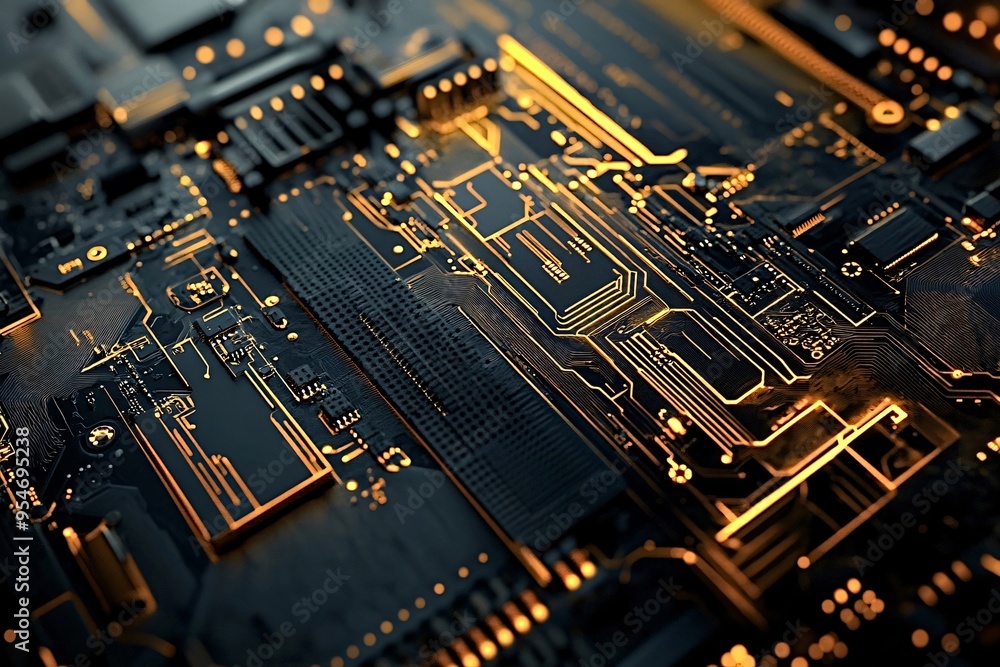 Poster complex electronic circuit board with microchips and processors illuminating in orange and yellow, s