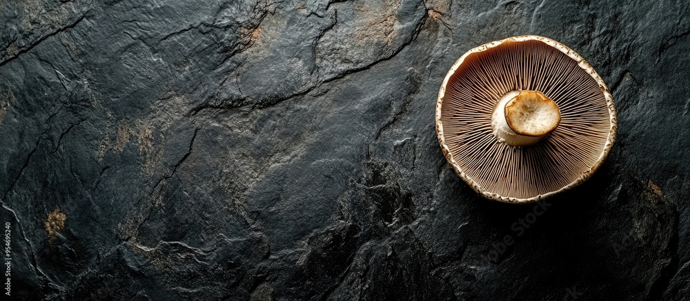 Poster top view of a mushroom on a black granite surface copy space dark mode