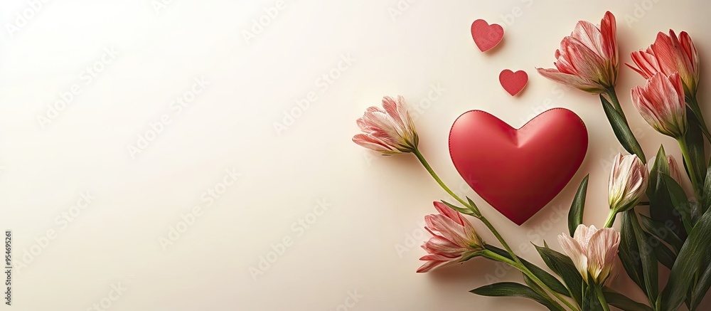 Aufkleber Valentine s Day heart shaped paper card and a bouquet of flowers. with copy space image. Place for adding text or design