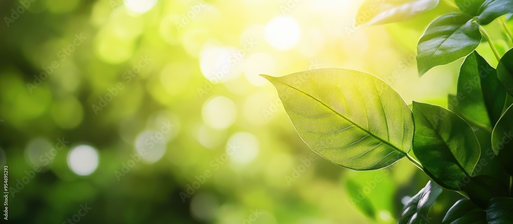 Poster a beautiful natural scene features a green leaf against a blurred greenery backdrop in the garden il
