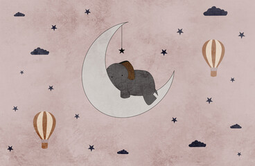 3d illustration , texture background with clouds and stars pattern , hot air balloons , baby elephant sleeping on moon , interior decoration wallpaper.  © ganesh_502
