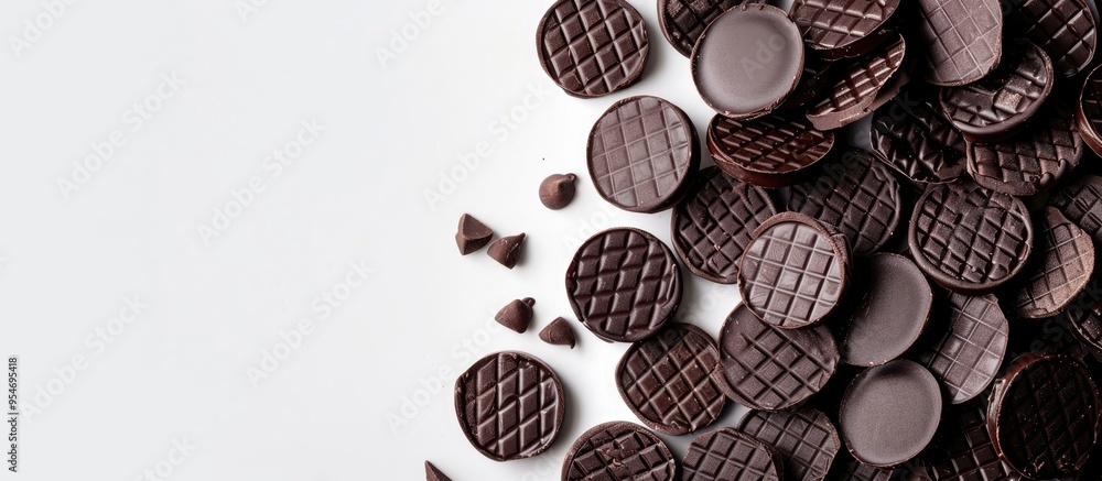 Poster chocolate wafers arranged on a white background with copyspace