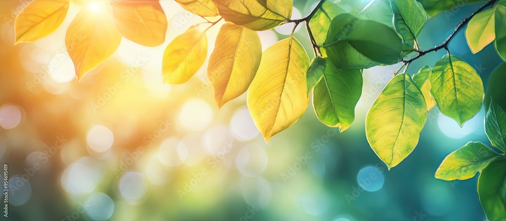 Poster bokeh background featuring abstract blurred leaves and vibrant summer sunlight. with copy space imag