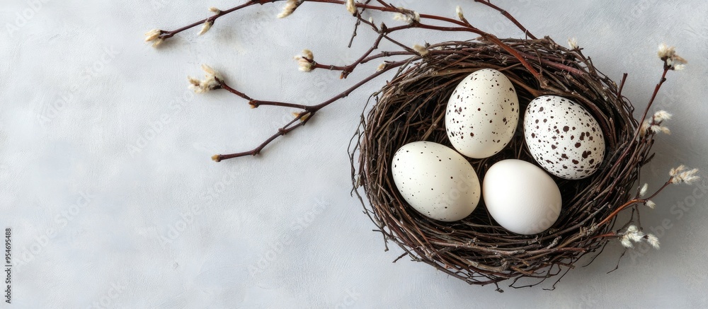 Poster natural eggs in a nest alongside pussy willow branches a simple and stylish easter decoration for ta