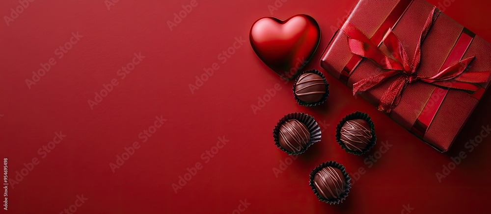 Poster Red heart shape gift box and chocolate truffles set against a red backdrop Valentine s Day theme. with copy space image. Place for adding text or design