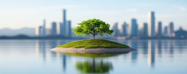 A serene island with a lush tree surrounded by calm water and a city skyline in the background, perfect for nature and urban themes.