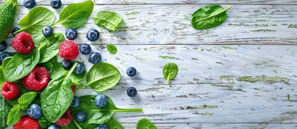 Aufkleber Top view of fresh fruits and spinach leaves on a white wooden background with copyspace featuring a fresh summer inscription
