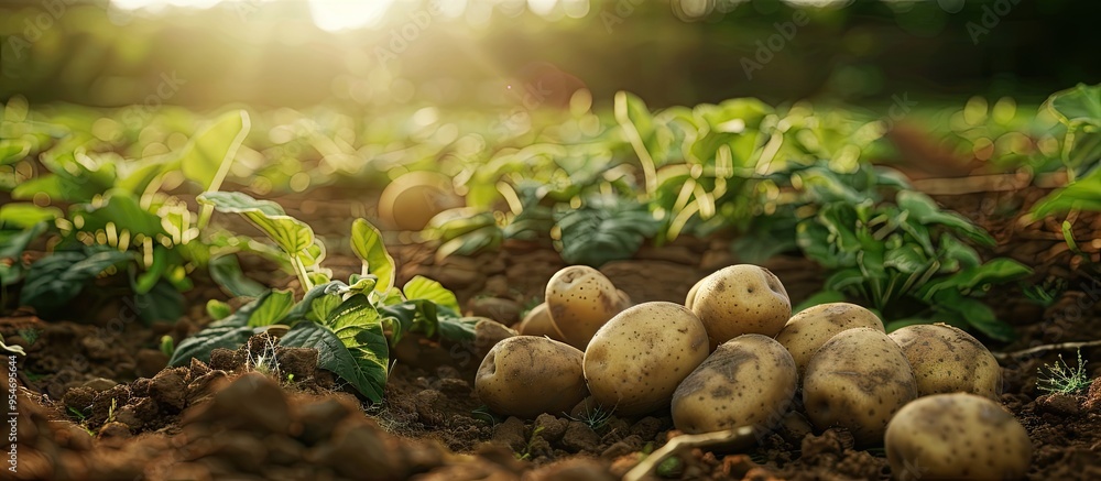 Poster potatoes in a field shallow focus. with copy space image. place for adding text or design
