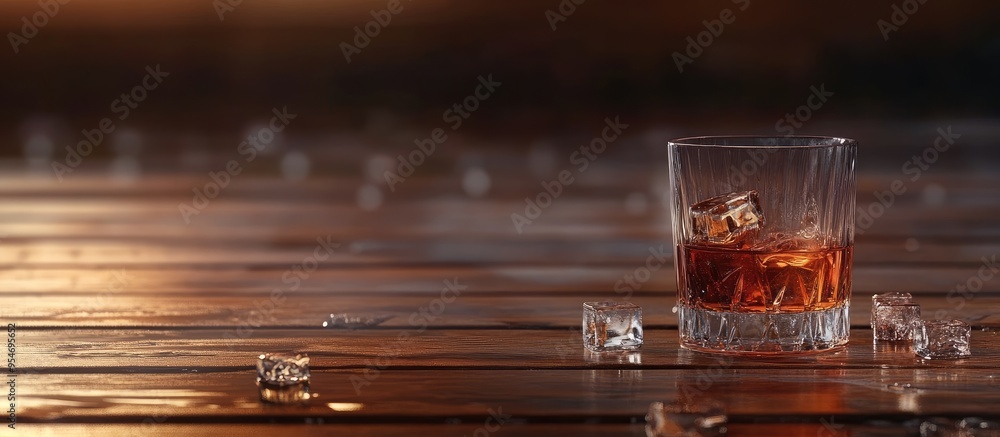 Poster A glass of whiskey or cognac on wooden planks with ice cubes. with copy space image. Place for adding text or design