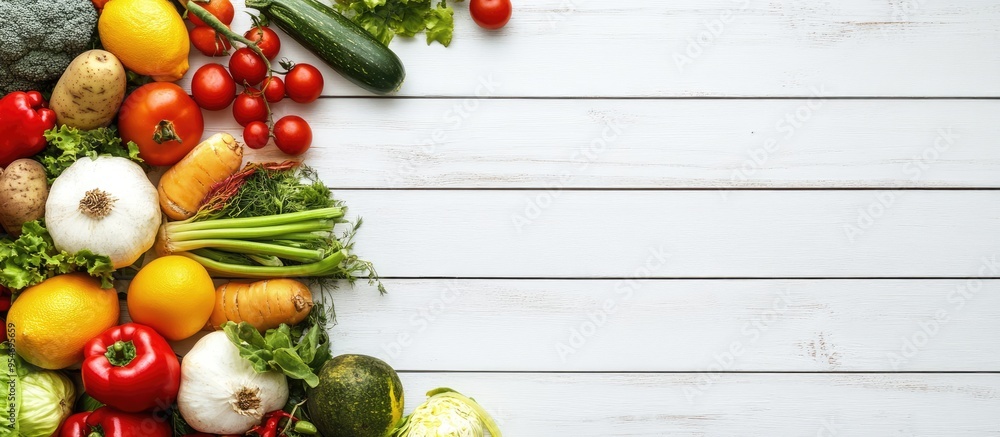 Fototapete fruits and vegetables on a white wooden surface. with copy space image. place for adding text or des