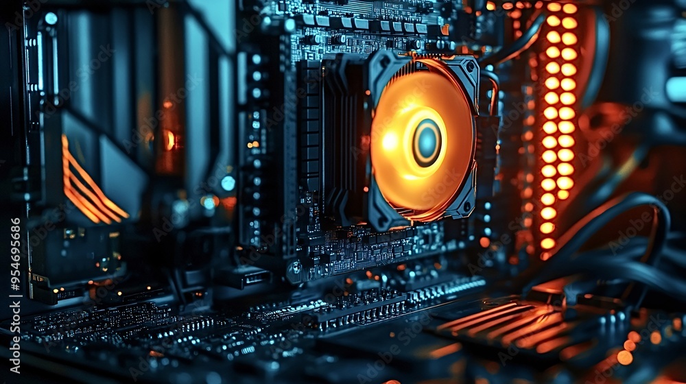 Poster close-up shot of a cpu cooling fan illuminating a motherboard with orange light, showcasing the powe
