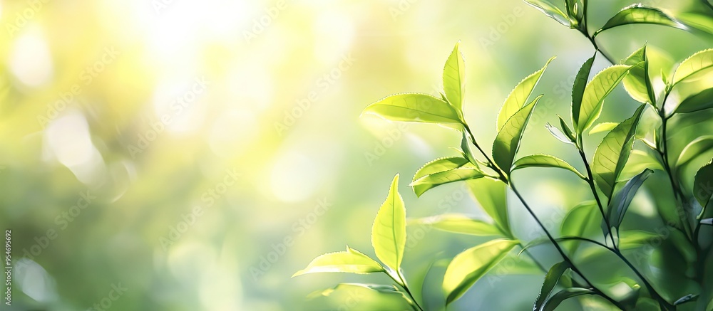 Leinwandbilder blurred backdrop of young tea tree leaves on a sunny day. with copy space image. place for adding te