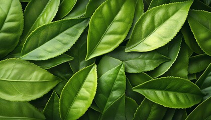 Generate a closeup image of beautiful tea leaves, showcasing their fine details, vibrant colors, and elegant texture