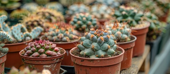 Variegated multi headed Gymnocalycium cactus exhibiting unusual or atypical growth in a cactus greenhouse Vibrant decorative cactus in a nursery. with copy space image