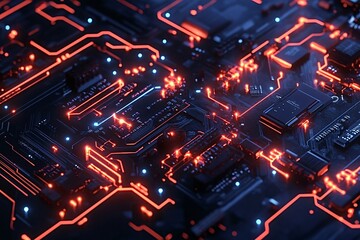 Obraz premium Close-up view of a glowing circuit board with intricate electronic components, showcasing modern technology's power and complexity