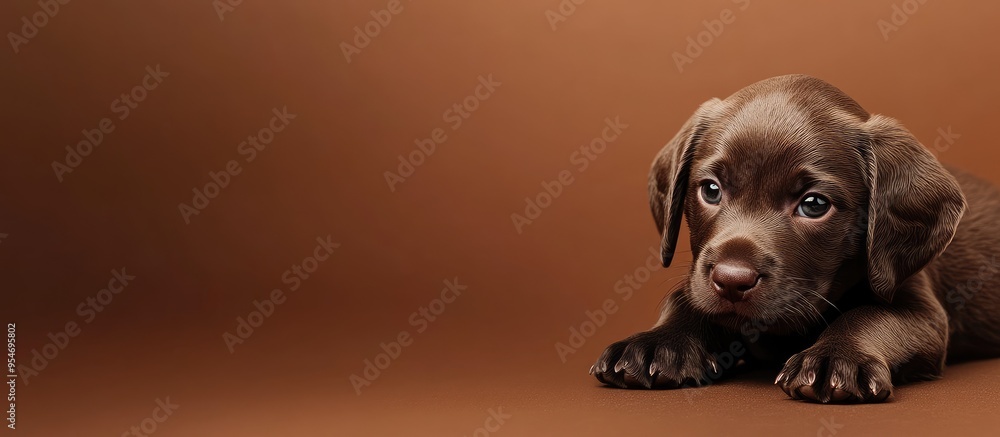 Poster A newborn chocolate puppy rests on a horizontal brown background High quality photo with space for a signature. with copy space image. Place for adding text or design