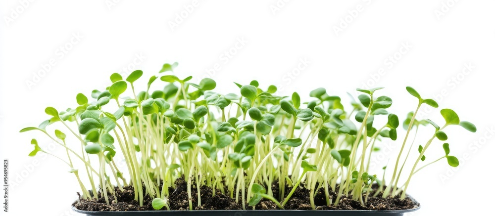 Aufkleber close up of micro green pea sprouts in a pot with soil on a white background represents healthy food