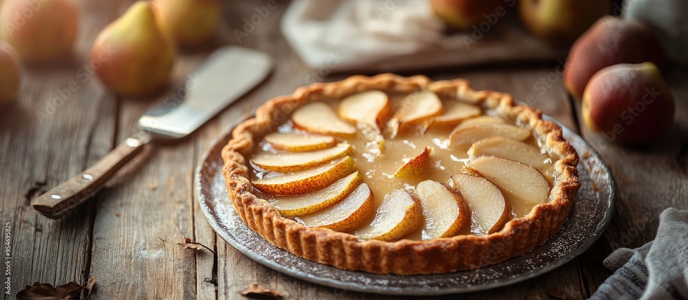 Aufkleber tasty pear tart on a wooden table with a cake server still life featuring a homemade pie and pears s