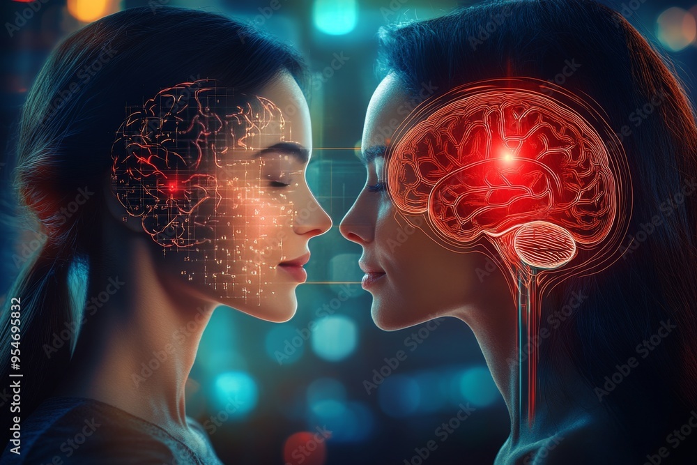 Poster neurocognition sequential futuristic portrait of two women with glowing brain patterns symbolizing t