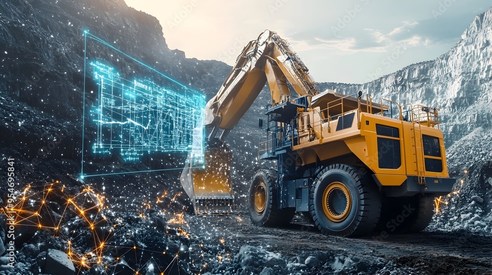 Poster photograph of advanced mining equipment and machinery integrated with iot sensors and automation tec