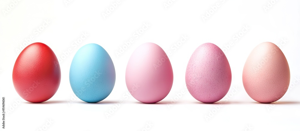 Poster blue red green cyan and pink easter eggs are balanced on their blunt ends against a white background