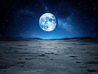 A stunning view of the moon shining brightly over a serene lunar landscape under a starry sky.