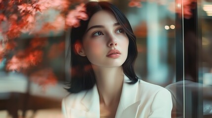 Obraz premium A young woman gazing thoughtfully through a glass window surrounded by autumn foliage in a cozy café