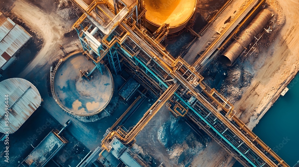 Poster a photograph of a modern mineral processing plant integrated with iot technology for enhanced effici