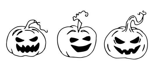 Set of pumpkins with faces. Black outline silhouette for Halloween. Hand drawn isolated graphic clipart. Line sketch with vegetable for creepy decor and invitation design. Simple Doodle style
