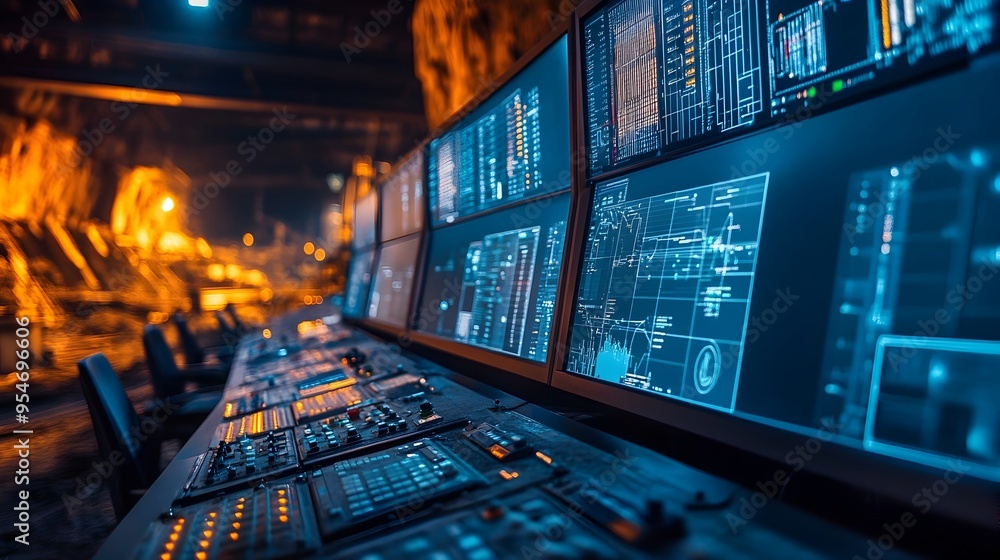 Poster futuristic mining control room showcasing iot powered real time monitoring and data analytics for in