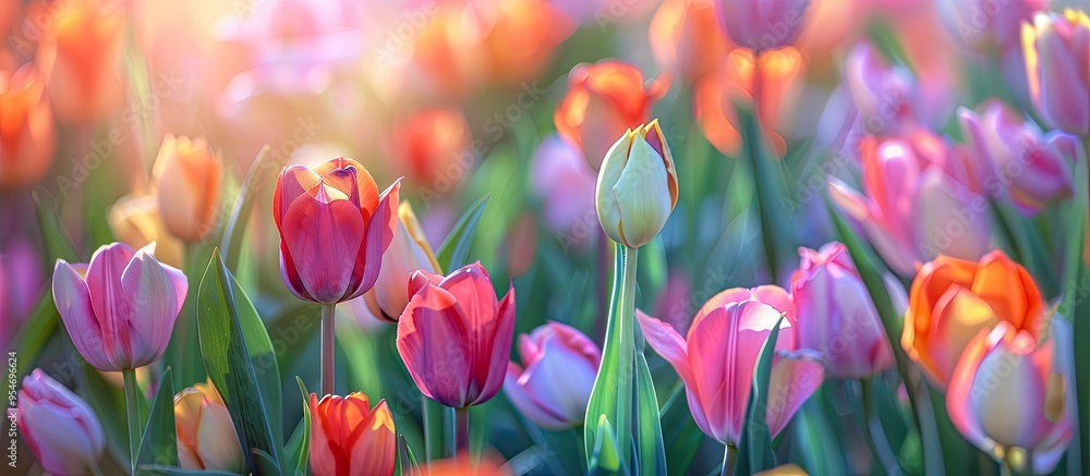 Poster Spring flowers series closeup of lovely tulips in a tulip field with a blurred foreground and background. with copy space image. Place for adding text or design