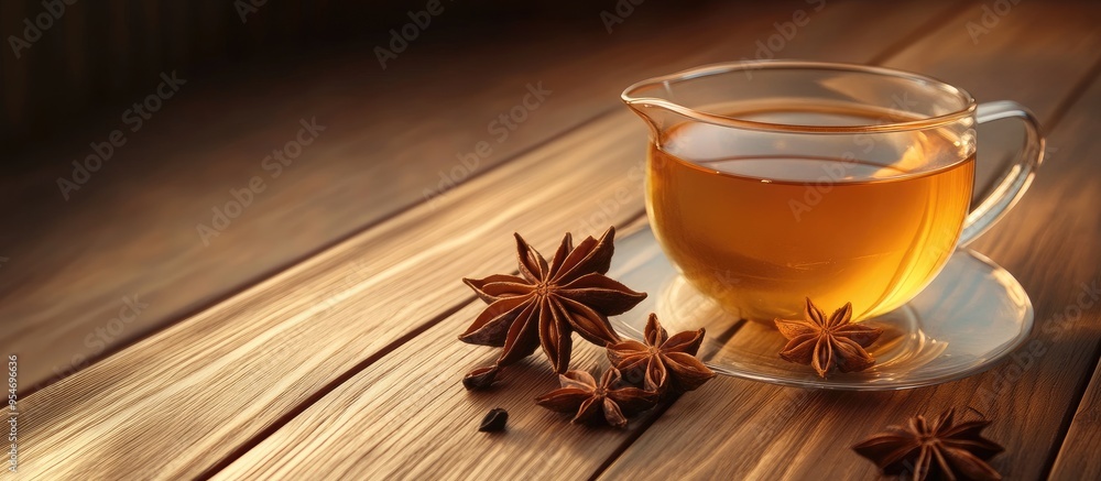 Aufkleber Aromatic tea with anise stars on a wooden table Room for text. with copy space image. Place for adding text or design